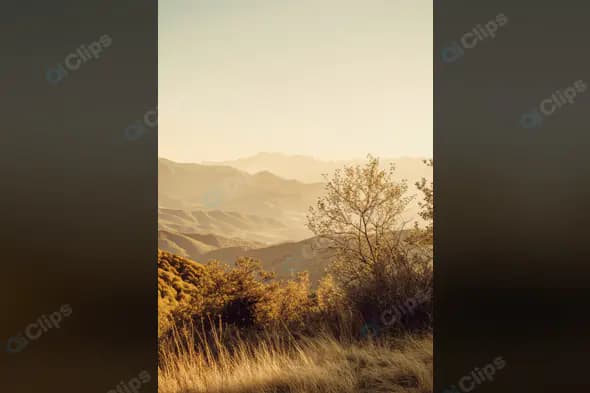 Golden Hour Mountain Landscape with Rolling Hills and Trees