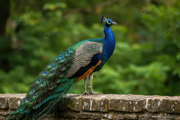 Indian Peacock Standing Gracefully on a Stone Wall in Lush Greenery
