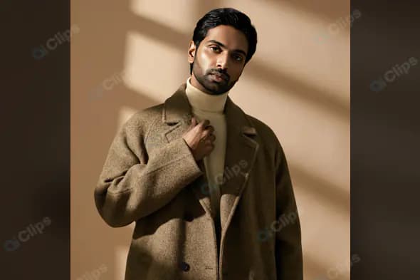 Stylish Indian Man in Winter Coat and Turtleneck in Soft Light
