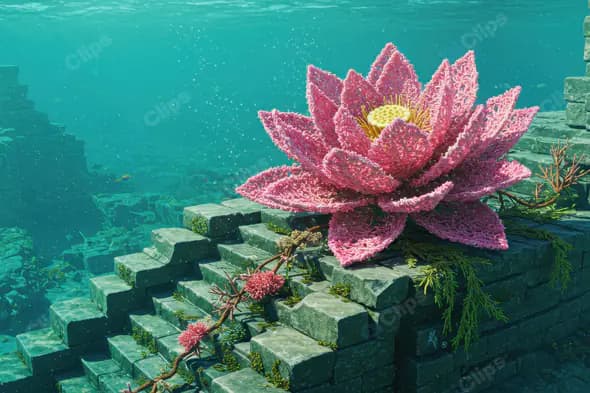 Giant Pink Lotus Blooming on Submerged Ancient Temple Ruins
