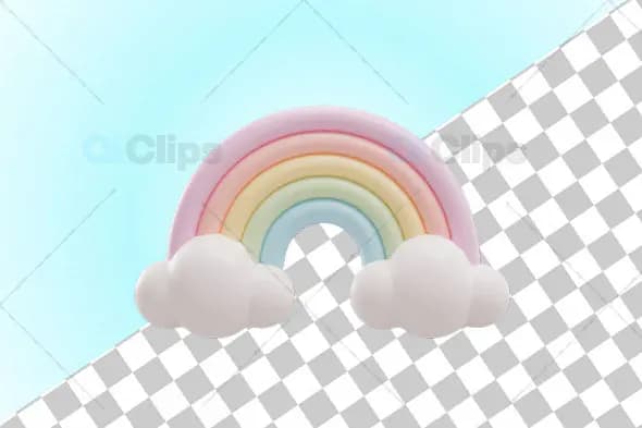 3D Pastel Rainbow with Fluffy Clouds and Transparent Background
