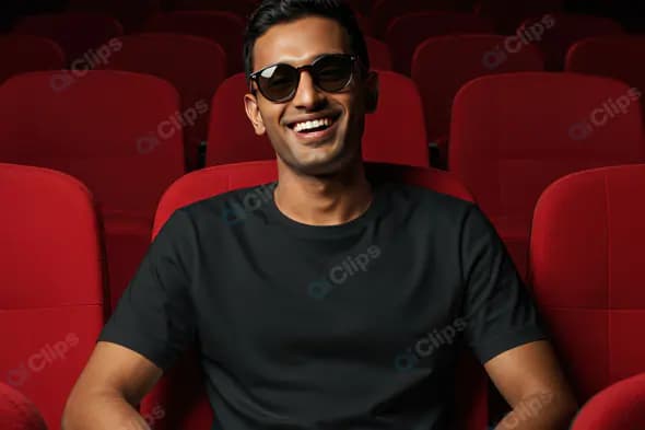 Happy Indian Man in Sunglasses Sitting in Cinema – Casual Lifestyle Photography
