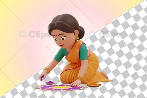 3D Indian Woman Designing Rangoli