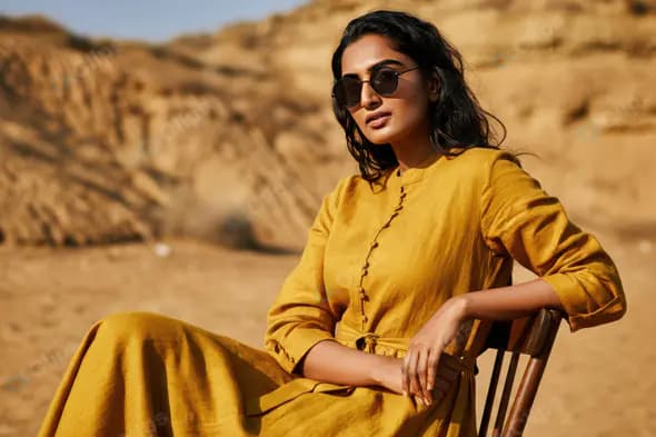 Confident Woman in Yellow Dress with Sunglasses in Desert Setting