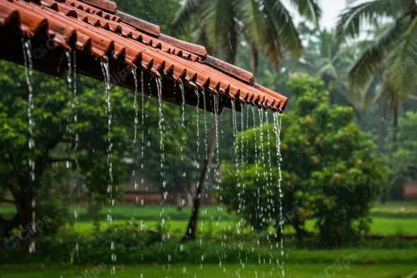 Traditional Indian Village House Roof in Monsoon Rainfall – Nature Scene