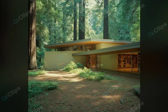 Modern Library in the Forest with Glass Walls and Wooden Accents