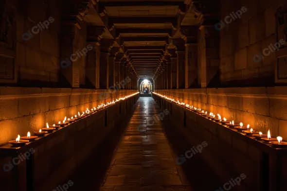 Ancient Temple Corridor with Lit Oil Lamps at Night