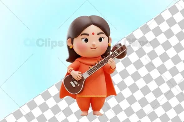 Indian Woman with Sitar - 3D Illustration
