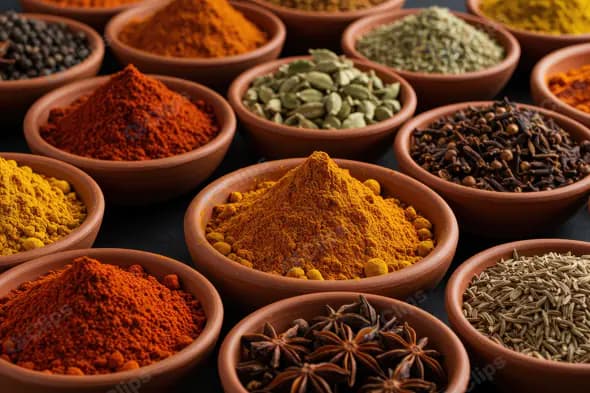 Colorful Assortment of Indian Spices in Clay Bowls