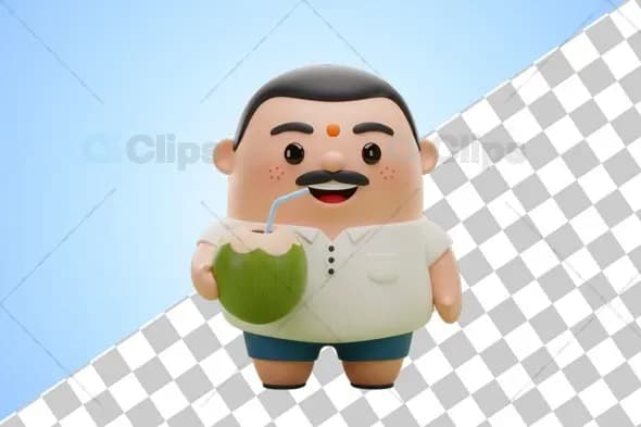 3D Character Drinking Coconut Water