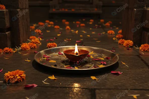 Traditional Diya with Flower Petals in Temple Setting
