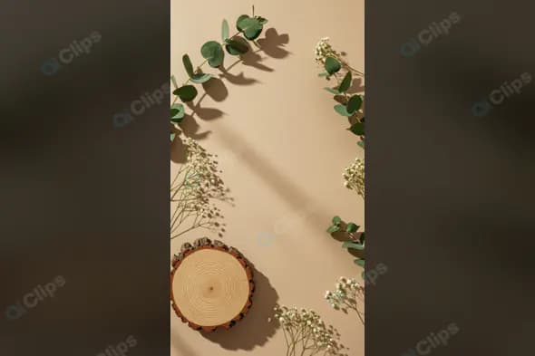 Minimal Nature Flat Lay Mockup with Wooden Slice and Greenery
