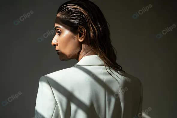 Stylish Woman in White Blazer with Wet Hair and Dramatic Shadows