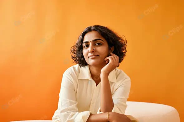 Confident Indian Woman in White Shirt with Bright Orange Backdrop