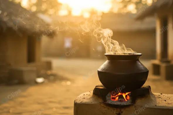 Traditional Clay Pot Cooking Over Firewood Stove in Rural Indian Village