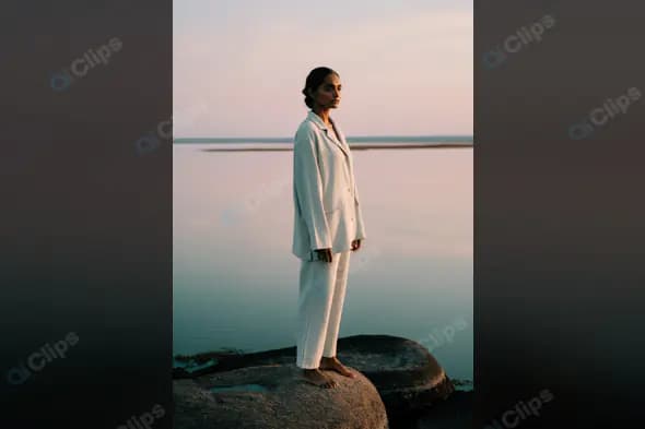 Elegant Indian Woman in White Suit Standing by Calm Waters at Sunset
