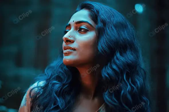 Elegant Indian Woman in Blue-Toned Forest Portrait