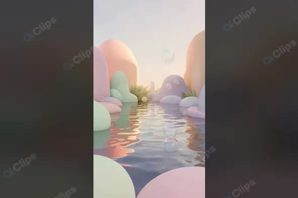 Whimsical Pastel Fantasy Landscape with Bubbles and Water