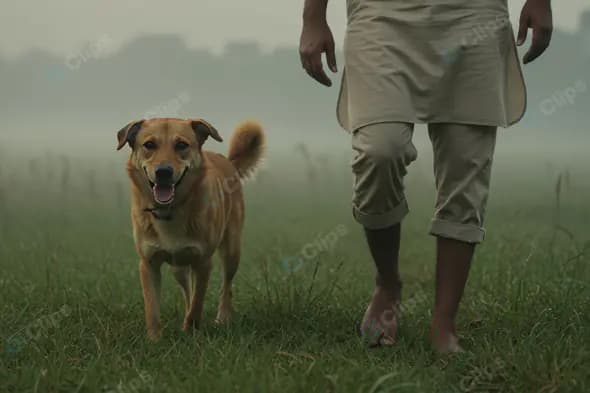 Man Walking with Happy Dog in Misty Field