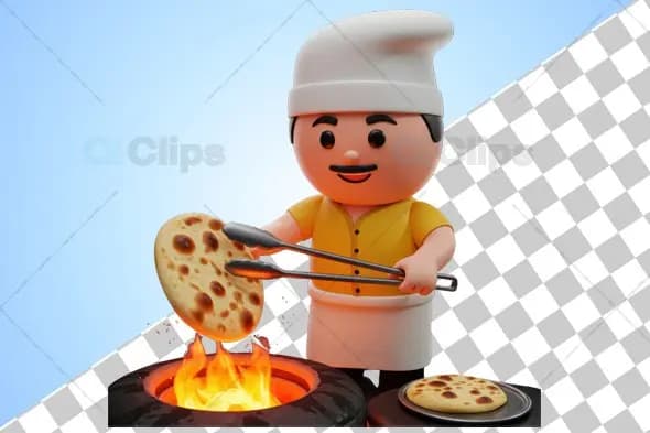 3D Chef Making Naan in Tandoor