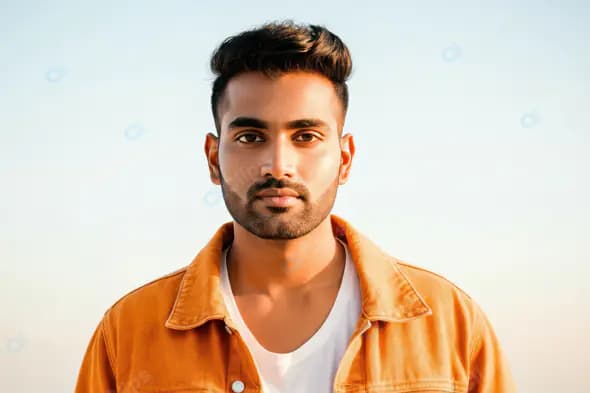 Confident Indian Man in Orange Jacket at Sunset Outdoors