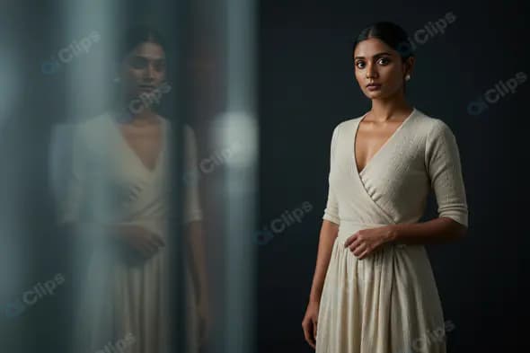 Minimalist Portrait of an Elegant Indian Woman in Cream Dress – Studio Fashion Photography