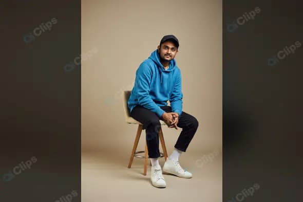 Portrait of Confident Young Indian Man in Blue Hoodie on Stool
