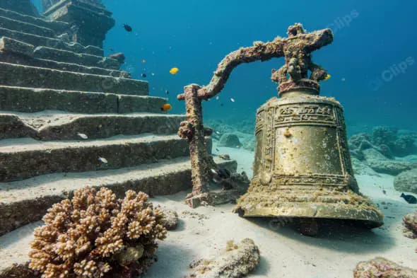 Ancient Temple Bell and Stairs Submerged Underwater Ruins
