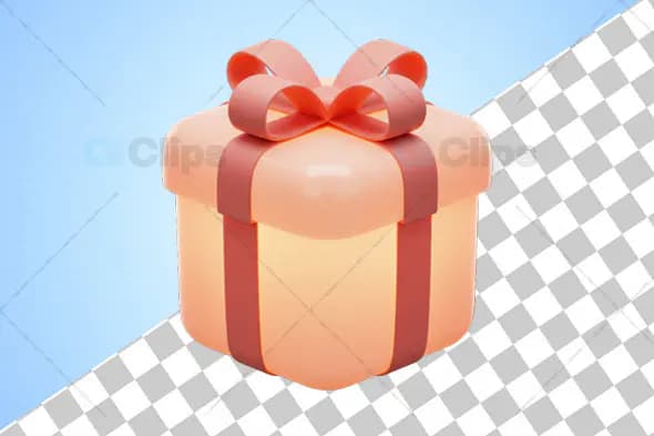 3D Peach Gift Box with Red Ribbon and Transparent Background