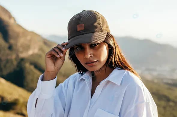 Confident Woman in Cap and White Shirt with Mountain Backdrop