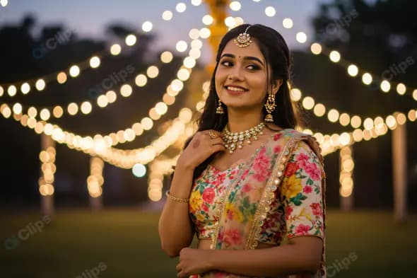 Beautiful Indian Woman at Festive Night Wedding Celebration