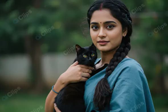 Indian Woman Holding Black Cat in Garden