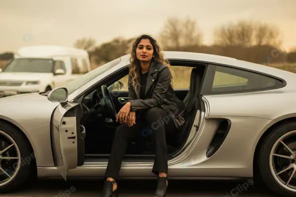Confident Woman in Leather Jacket Sitting in Luxury Sports Car