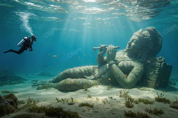 Submerged Krishna Statue with Diver Encounter in Mystic Waters
