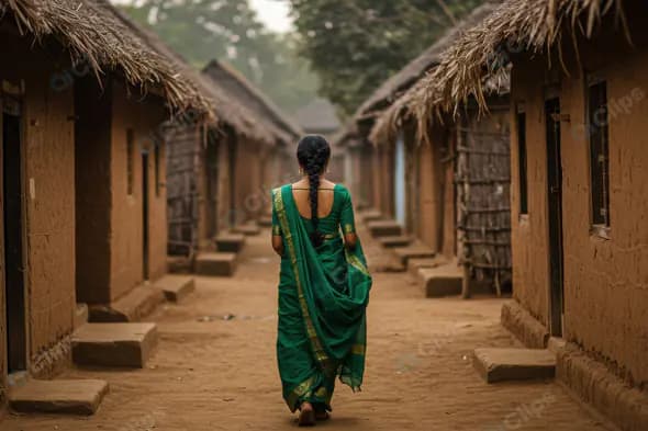 Traditional Indian Woman Walking Through Rustic Village Lane