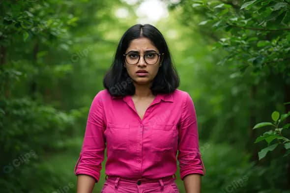 Young Woman in Pink Shirt Looking Anxious in Green Forest Path