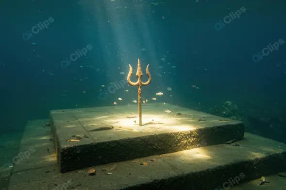 Divine Underwater Trishul with Mystical Sun Rays in the Deep Sea