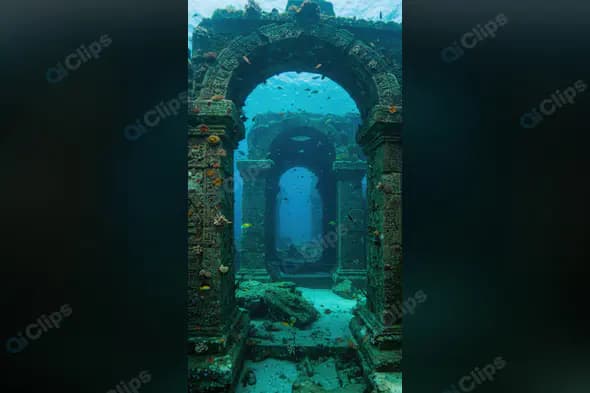 Ancient Indian Temple Corridor Submerged Underwater with Marine Life