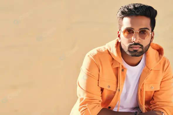 Stylish Indian Man in Orange Jacket and Sunglasses Posing Outdoors