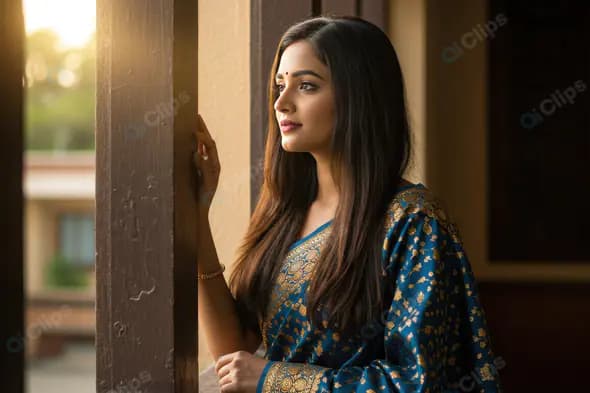 Elegant Indian Woman in Blue Saree Gazing Through a Sunlit Corridor