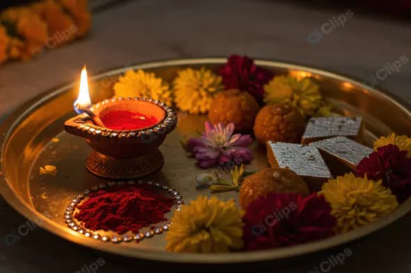 Traditional Indian Puja Thali with Diya, Flowers, and Sweets for Festive Rituals
