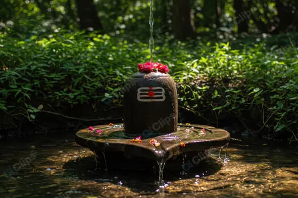 Sacred Shiva Lingam with Flowers and Water in Nature