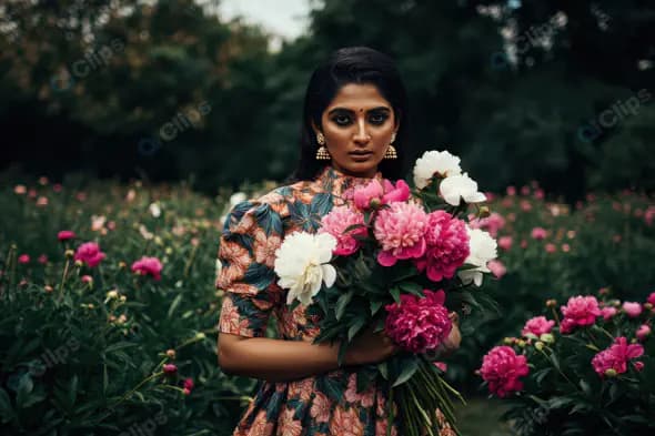 Elegant Indian Woman Holding a Bouquet of Flowers in a Garden