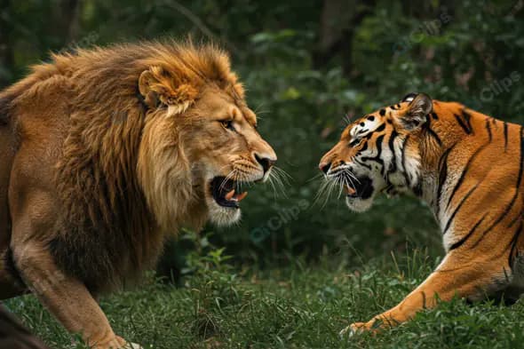 Ferocious Battle: Lion and Tiger Roaring in the Wild