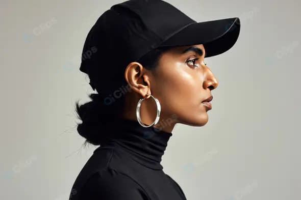 Confident Indian Woman in Black Cap and Hoops Side Profile