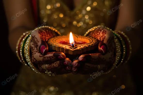 Indian Woman Holding Decorative Diya with Mehndi Hands for Diwali Celebration