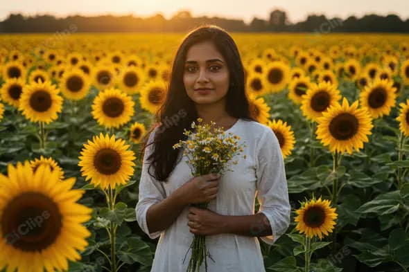 Indian Woman in White Dress Holding Flowers in a Sunflower Field