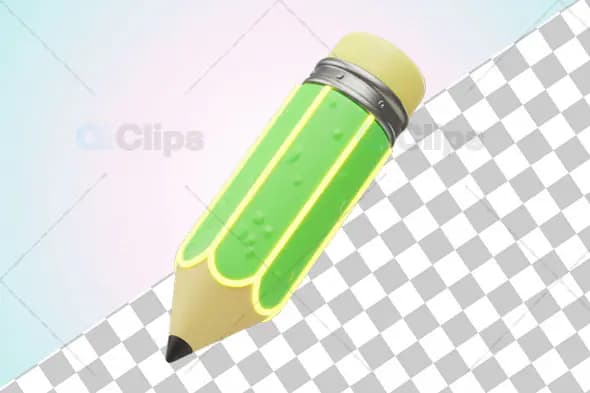 3D Green Pencil with Yellow Eraser and Transparent Background