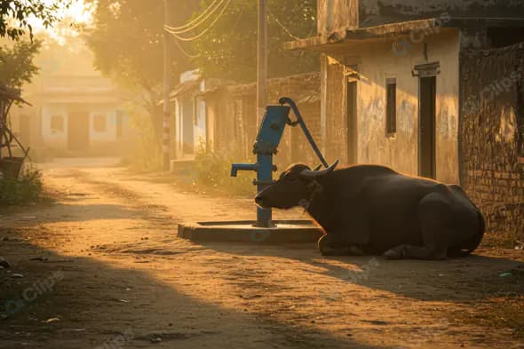 Indian Village Morning Scene with Buffalo Resting by Hand Pump