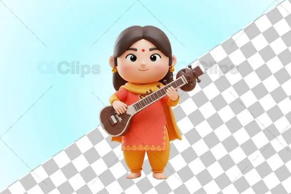 Indian Woman Playing Sitar - 3D Illustration